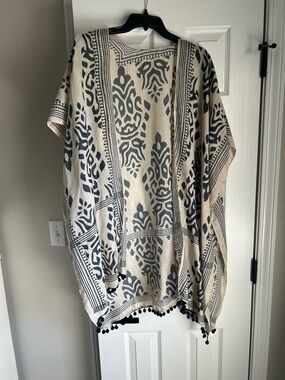 Beige and Black Patterned Kimono with Pom Trim